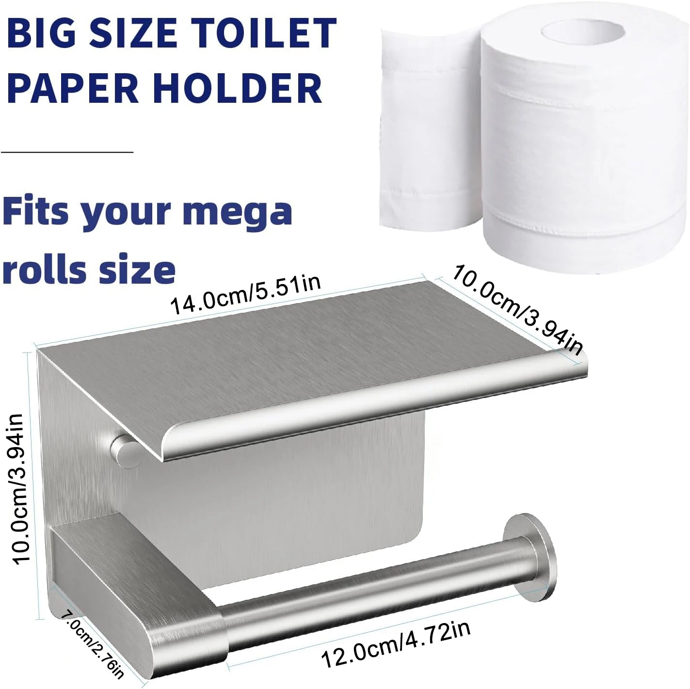 Self-Adhesive Toilet Paper Holder with Phone Shelf Stainless Steel Wall Mount 10