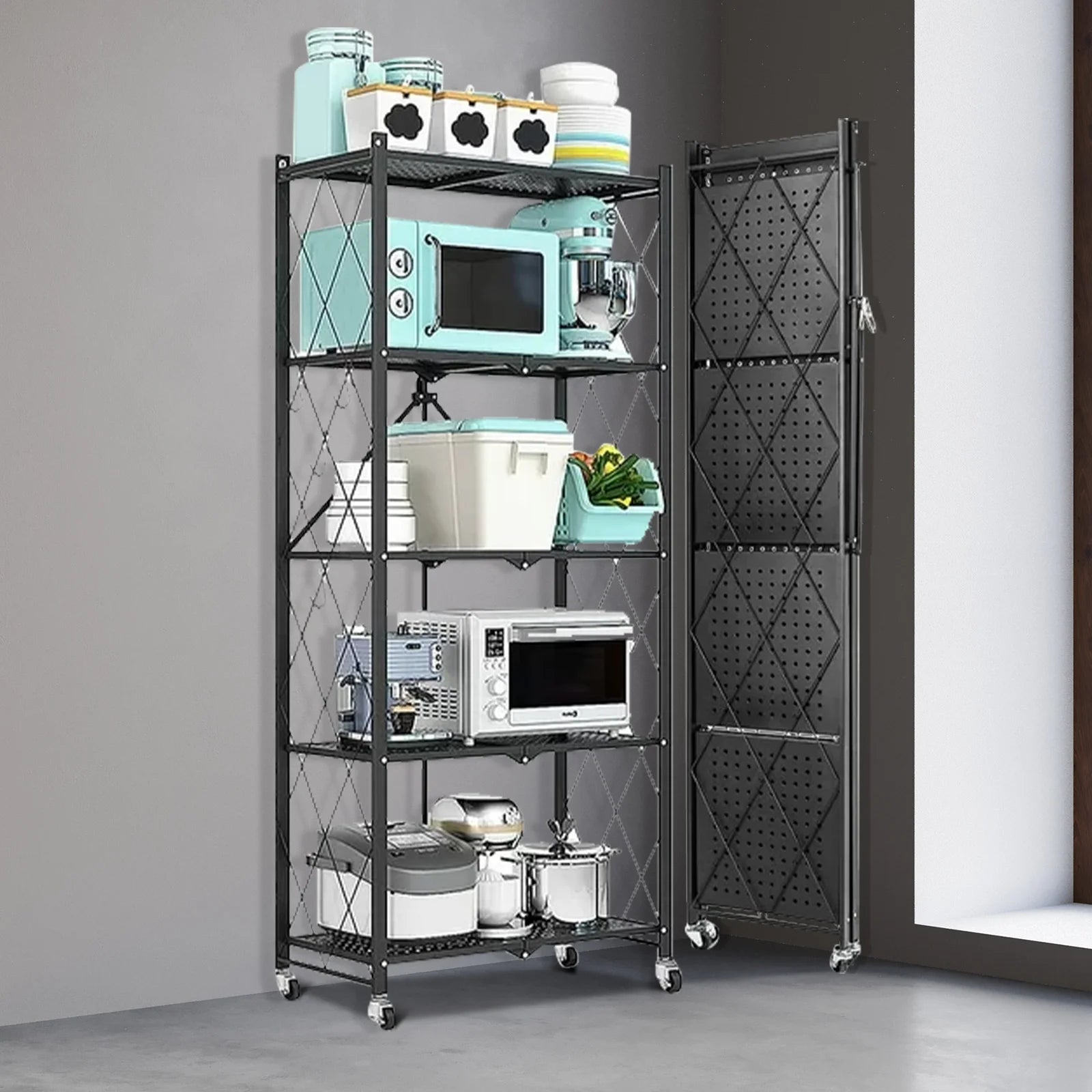 Storage Shelving 5-Tier With Wheels Heavy Duty Foldable Organizer Rack for Home Kitchen Office Pantry