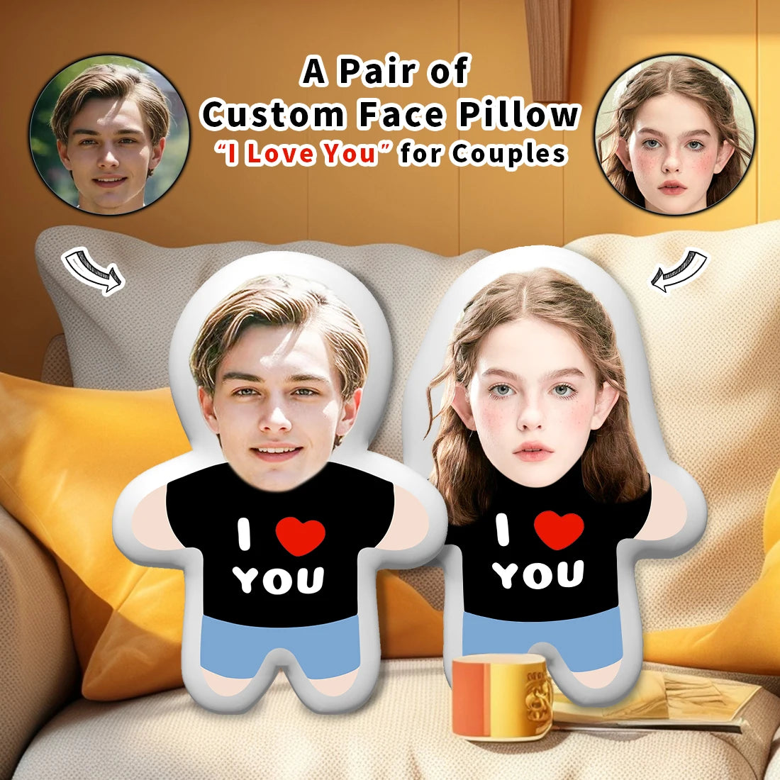 A customized ‘I Love You’ portrait couple's printed home cushion, or pillow