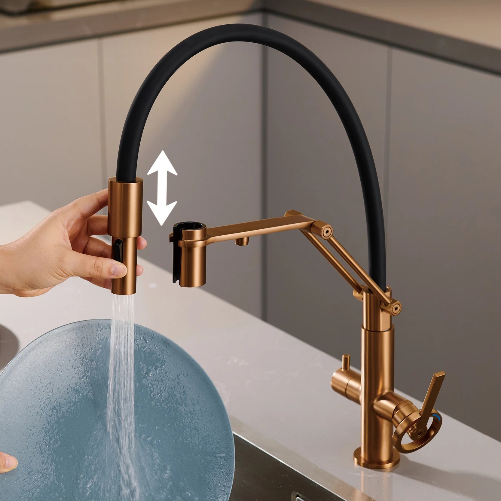 Brass island kitchen faucet with filtered Water Pull out Sprayer.