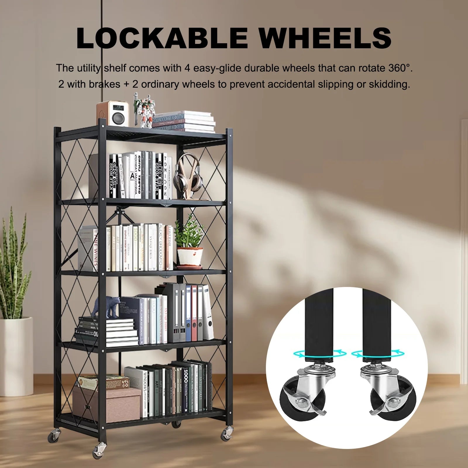 Storage Shelving 5-Tier With Wheels Heavy Duty Foldable Organizer Rack for Home Kitchen Office Pantry