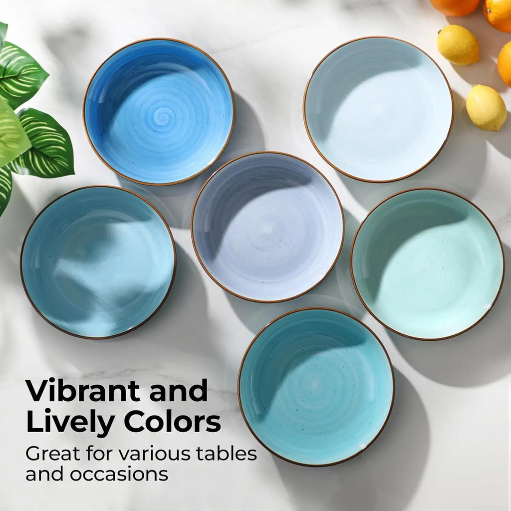 8.5'' Ceramic Bowls Set of 6, 30 oz Shallow, Microwave & Dishwasher Safe Dinnerware in Gradient Blue
