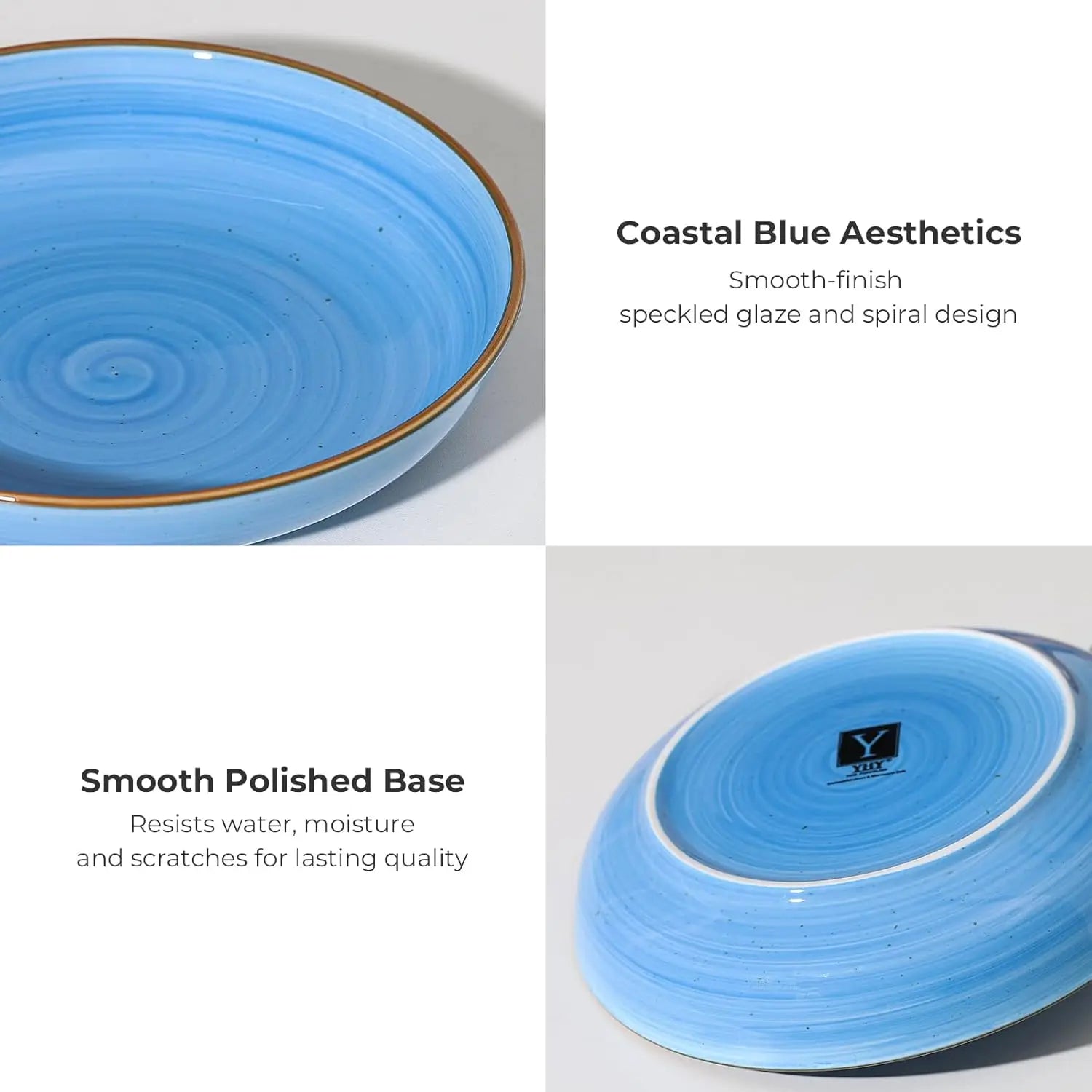 8.5'' Ceramic Bowls Set of 6, 30 oz Shallow, Microwave & Dishwasher Safe Dinnerware in Gradient Blue