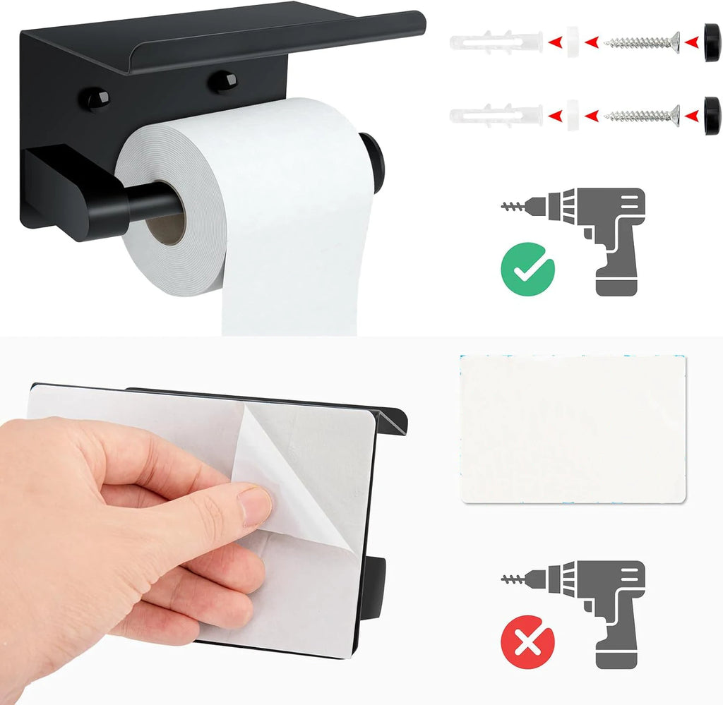 Self-Adhesive Toilet Paper Holder with Phone Shelf Stainless Steel Wall Mount 10