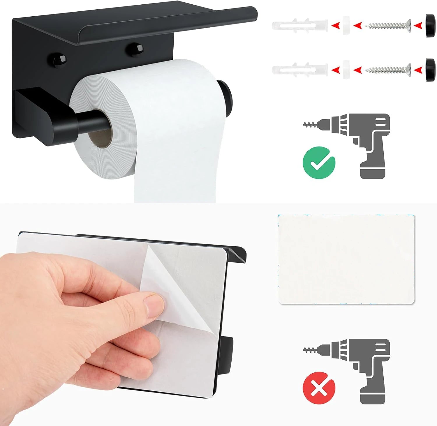 Self-Adhesive Toilet Paper Holder with Phone Shelf Stainless Steel Wall Mount 10
