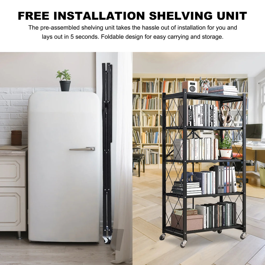 Storage Shelving 5-Tier With Wheels Heavy Duty Foldable Organizer Rack for Home Kitchen Office Pantry