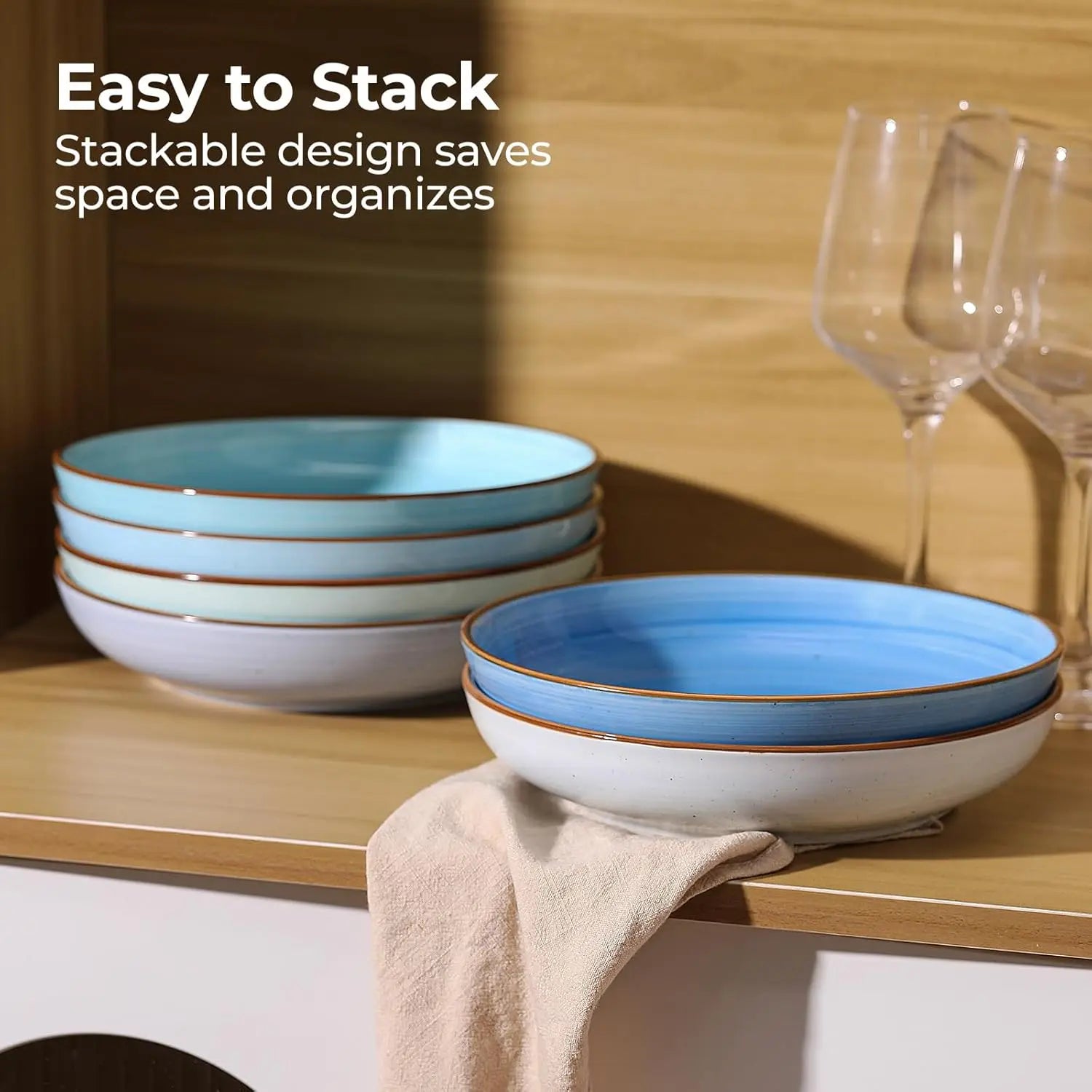 8.5'' Ceramic Bowls Set of 6, 30 oz Shallow, Microwave & Dishwasher Safe Dinnerware in Gradient Blue