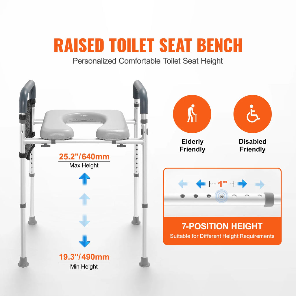 Raised Toilet Seat 7-Position Height Adjustment 19.3" - 25.2" 350lbs Weight Capacity with Comfort Padded Aluminum Frame