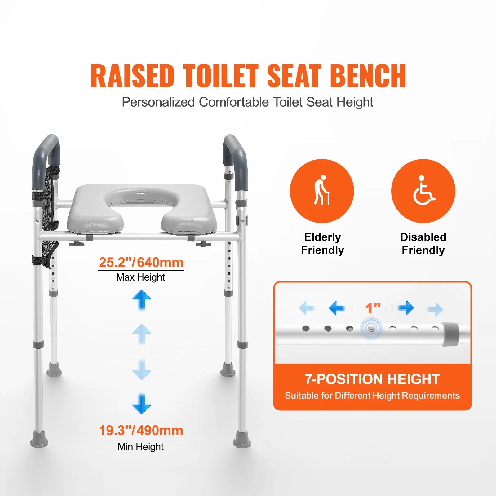 Raised Toilet Seat 7-Position Height Adjustment 19.3" - 25.2" 350lbs Weight Capacity with Comfort Padded Aluminum Frame