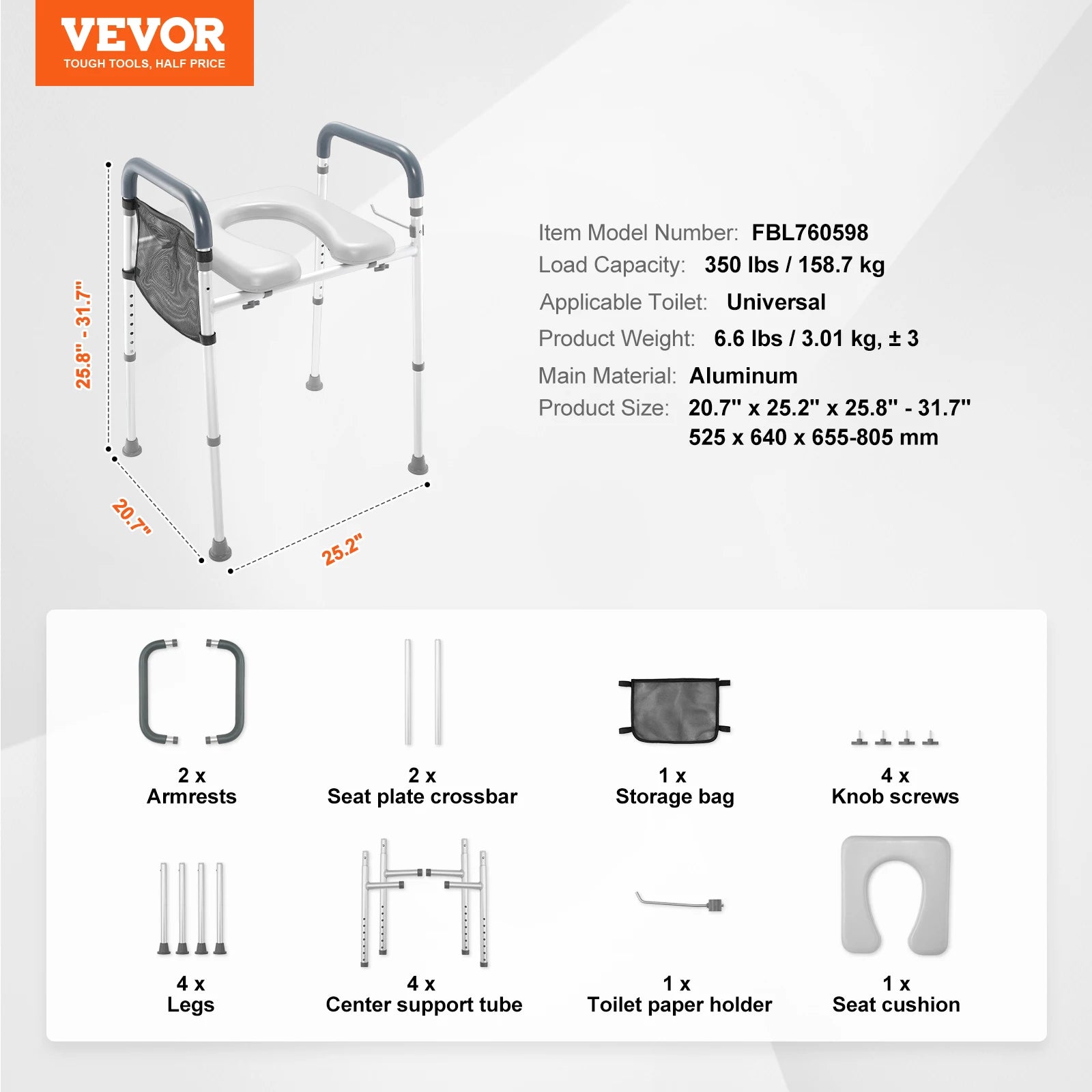 Raised Toilet Seat 7-Position Height Adjustment 19.3" - 25.2" 350lbs Weight Capacity with Comfort Padded Aluminum Frame