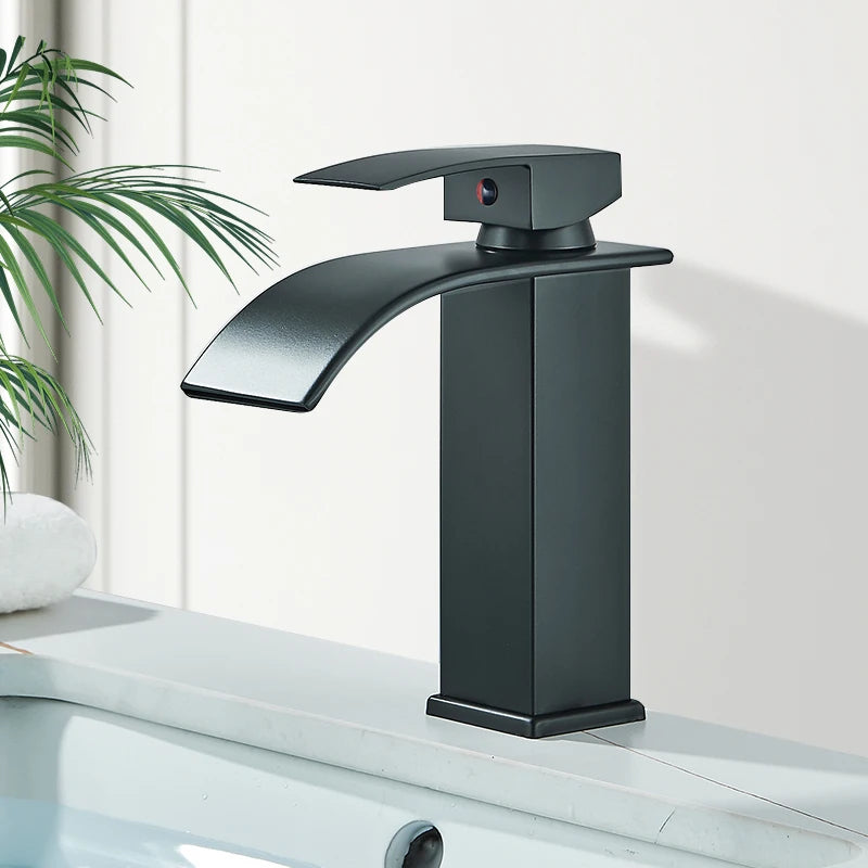 Matte Black Basin Faucet Deck Mounted Single Lever Bathroom Crane Waterfall
