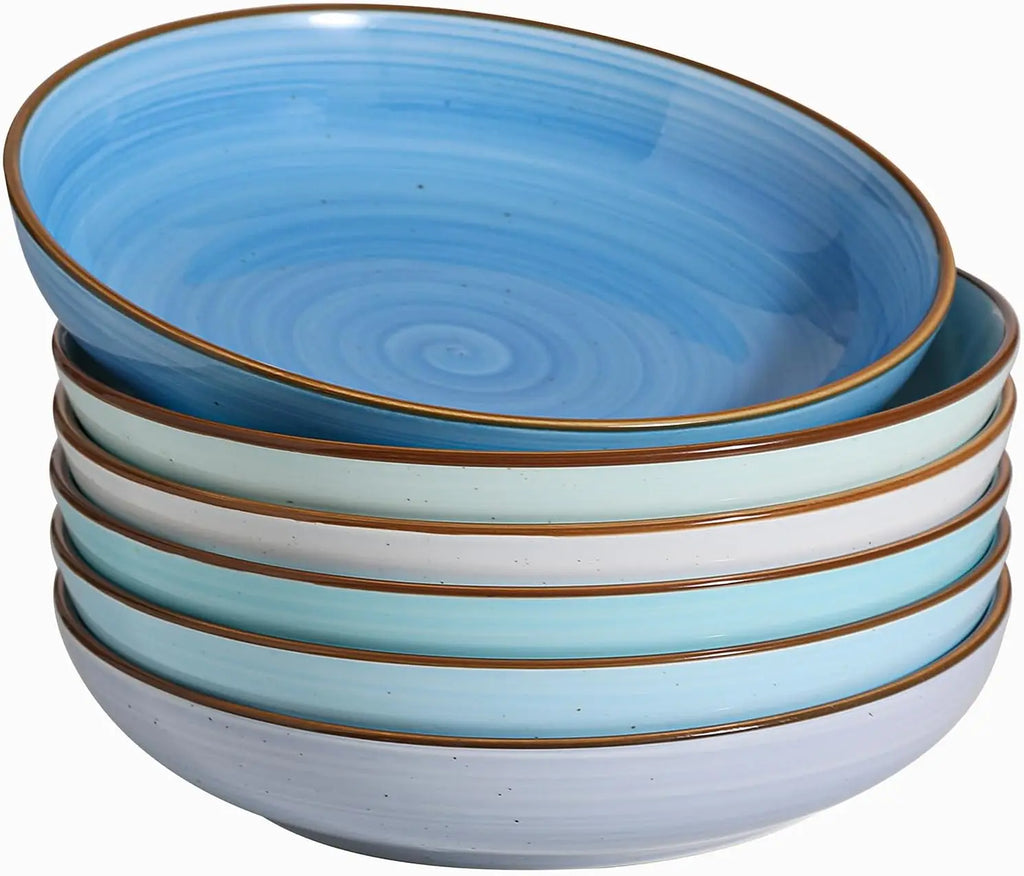 8.5'' Ceramic Bowls Set of 6, 30 oz Shallow, Microwave & Dishwasher Safe Dinnerware in Gradient Blue
