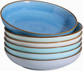 8.5'' Ceramic Bowls Set of 6, 30 oz Shallow, Microwave & Dishwasher Safe Dinnerware in Gradient Blue