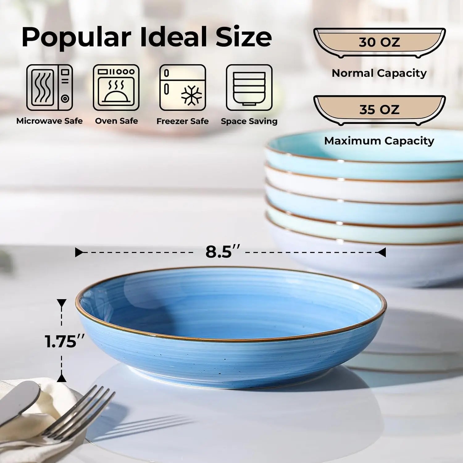 8.5'' Ceramic Bowls Set of 6, 30 oz Shallow, Microwave & Dishwasher Safe Dinnerware in Gradient Blue