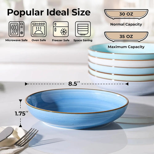 8.5'' Ceramic Bowls Set of 6, 30 oz Shallow, Microwave & Dishwasher Safe Dinnerware in Gradient Blue