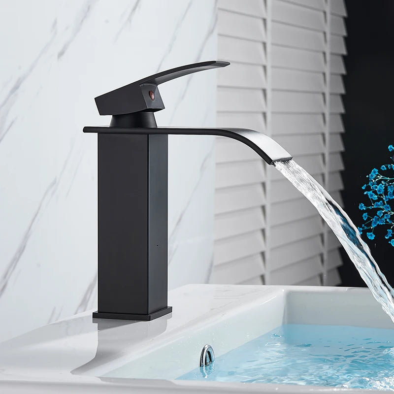 Matte Black Basin Faucet Deck Mounted Single Lever Bathroom Crane Waterfall