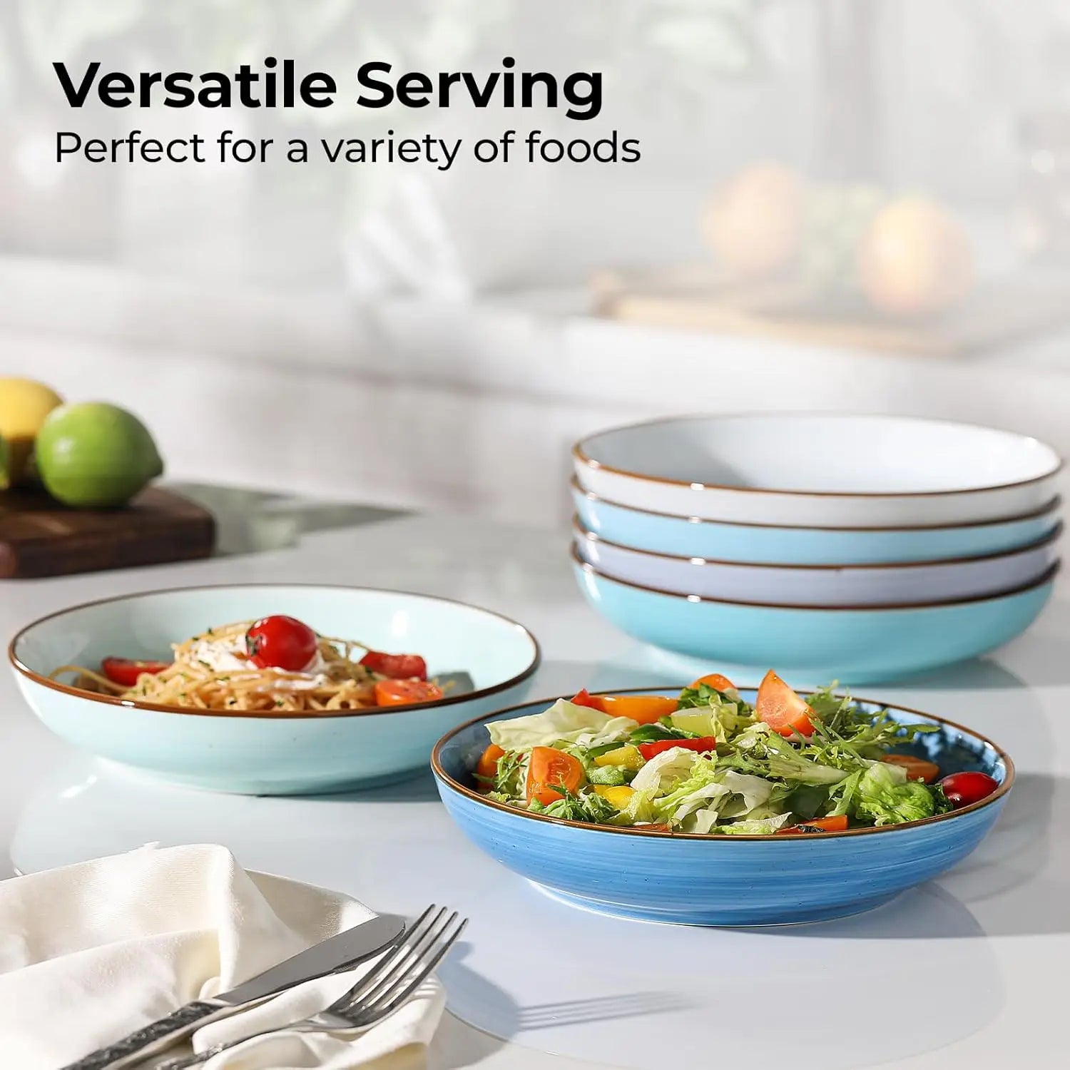 8.5'' Ceramic Bowls Set of 6, 30 oz Shallow, Microwave & Dishwasher Safe Dinnerware in Gradient Blue