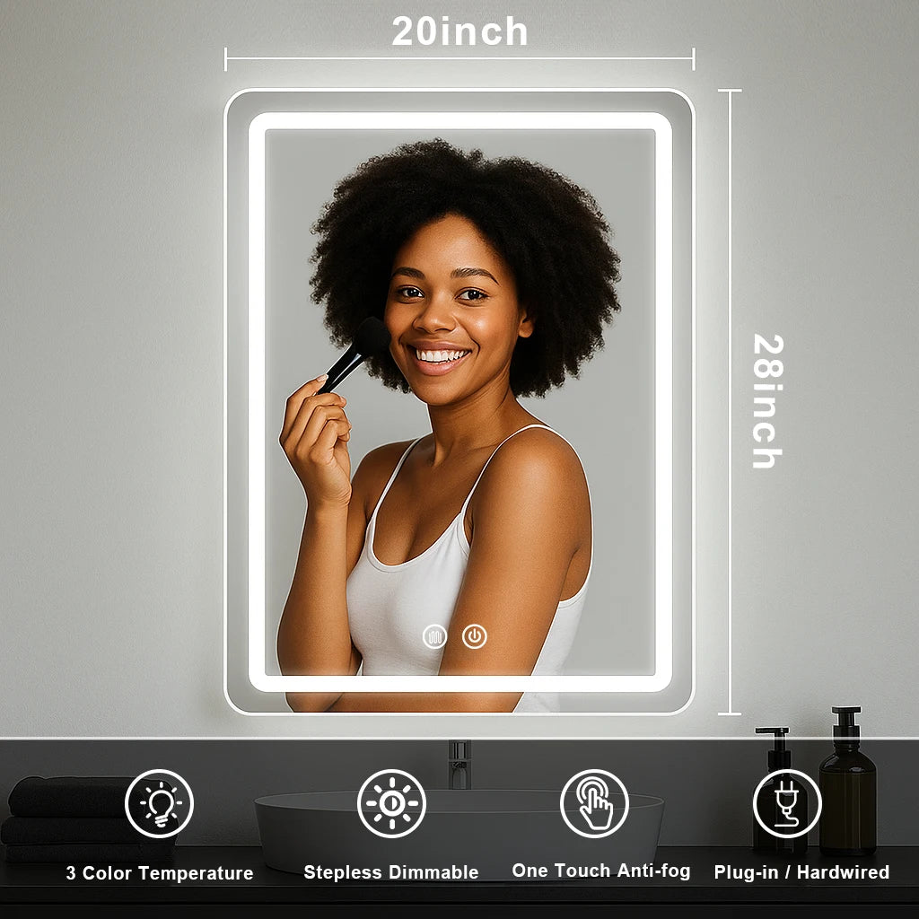 20x28 inch LED Bathroom Mirror with Backlit Lights Fogless, Wall Mounted