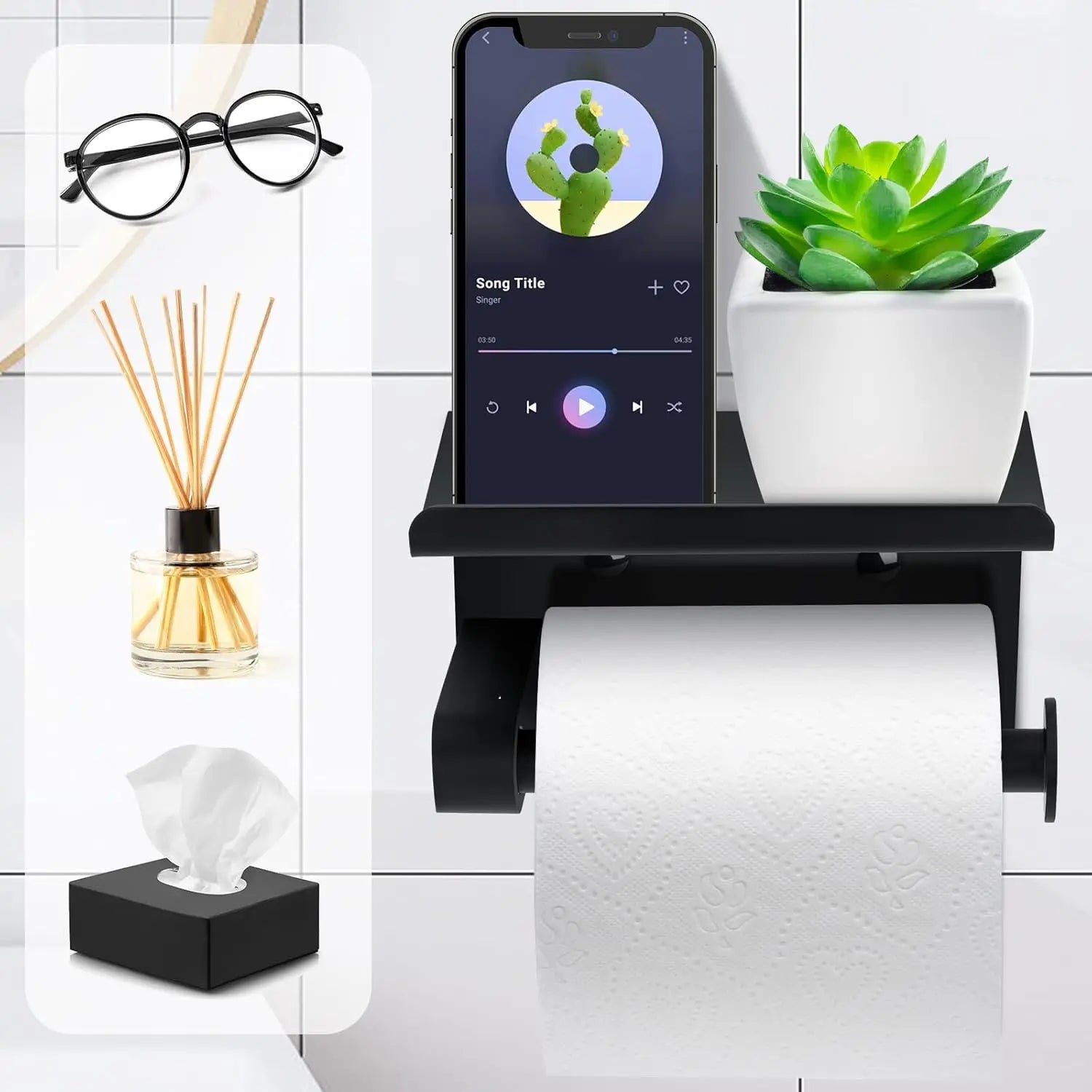 Self-Adhesive Toilet Paper Holder with Phone Shelf Stainless Steel Wall Mount 10