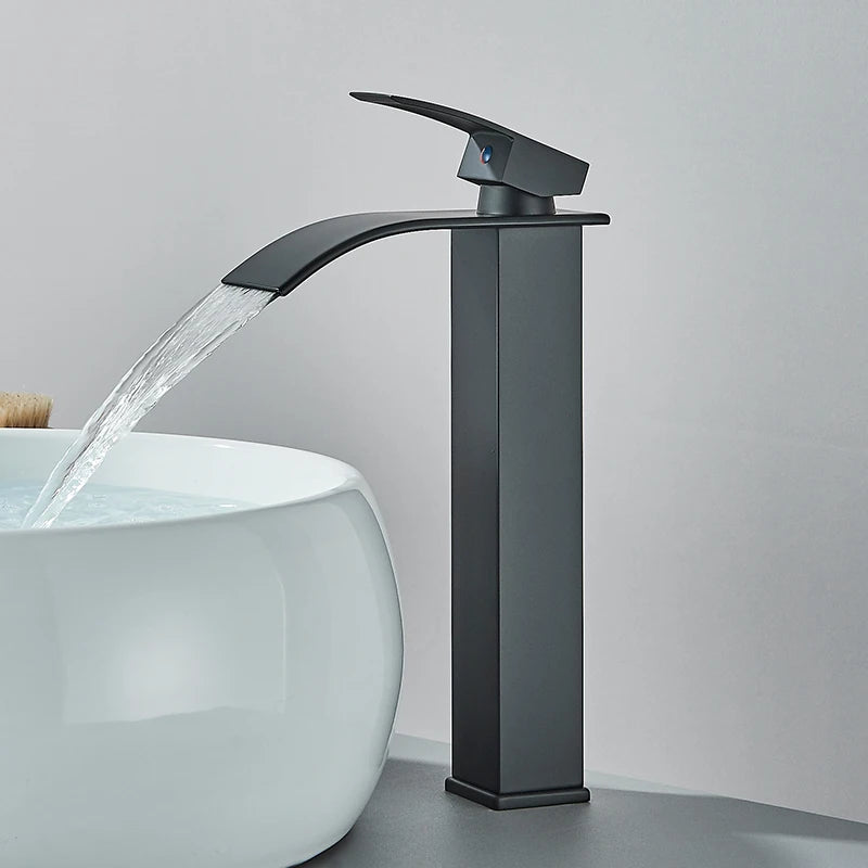 Matte Black Basin Faucet Deck Mounted Single Lever Bathroom Crane Waterfall